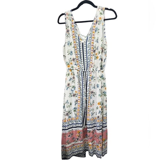 Lucky Brand Dresses & Skirts - Lucky Brand Floral Border Print Midi Dress Ivory Blue Pink Sleeveless Size M